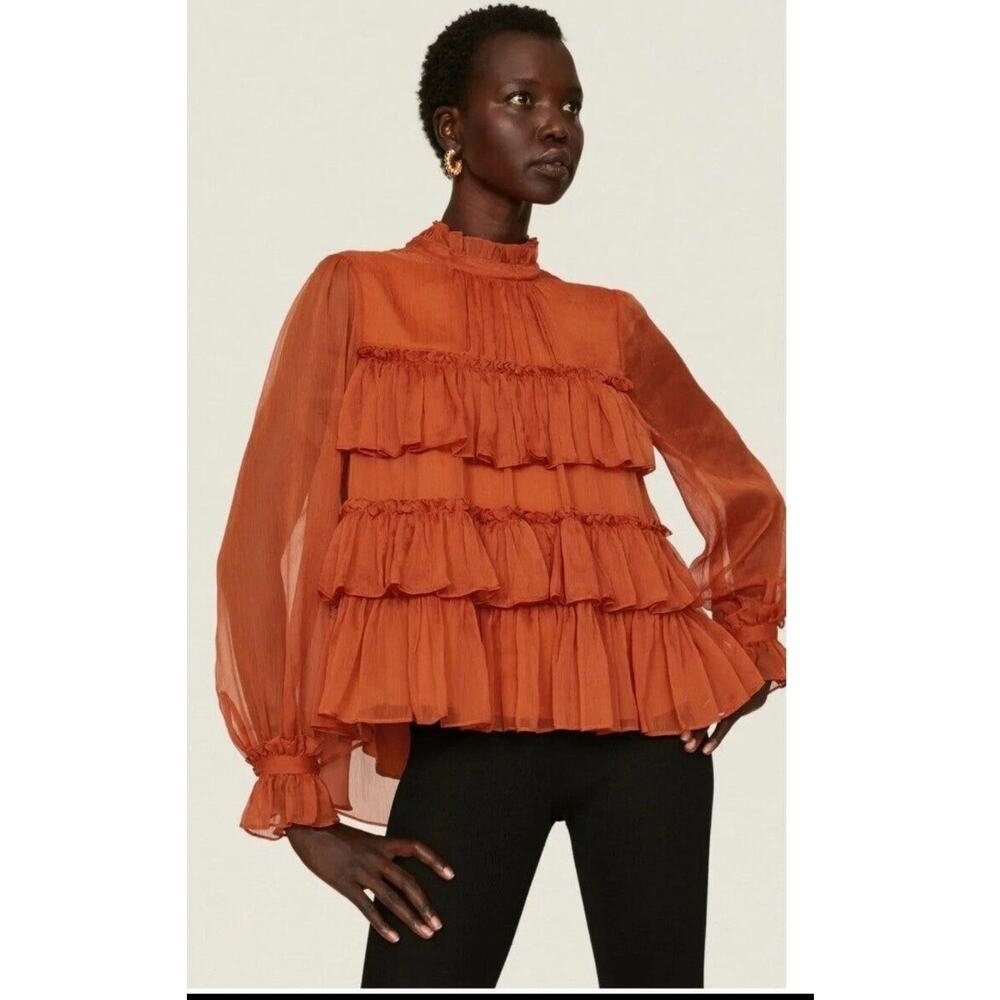 Adam Lippes Tiered Statement Ruffle Top Blouse in Brick Orange. Size 2.